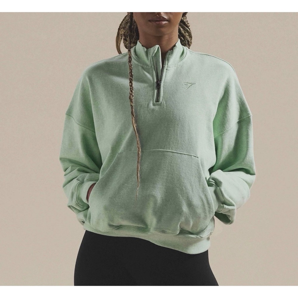 Women's Gymshark Rest Day Sweats 1/2 Pullover‎ Green Marl Sz S Oversized Fit